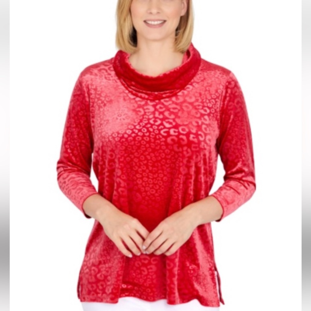 Ruby Rd Velour Cowl Neck Tunic Top Animal Print Leopard Lipstick Red Plus Sz 2x